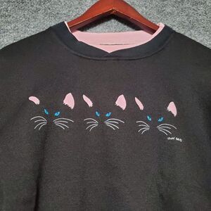 Vintage 80s Cat Sweatshirt Womens M Black Siamese Kitties USA Made Granny Style